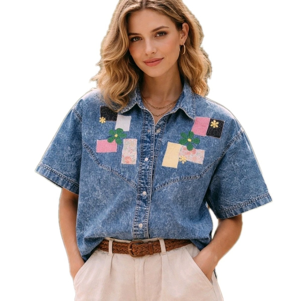 VTG Pretty Bleu Denim Patchwork Shirt Womens M Blue Acid Wash Boxy Short Sleeve‎